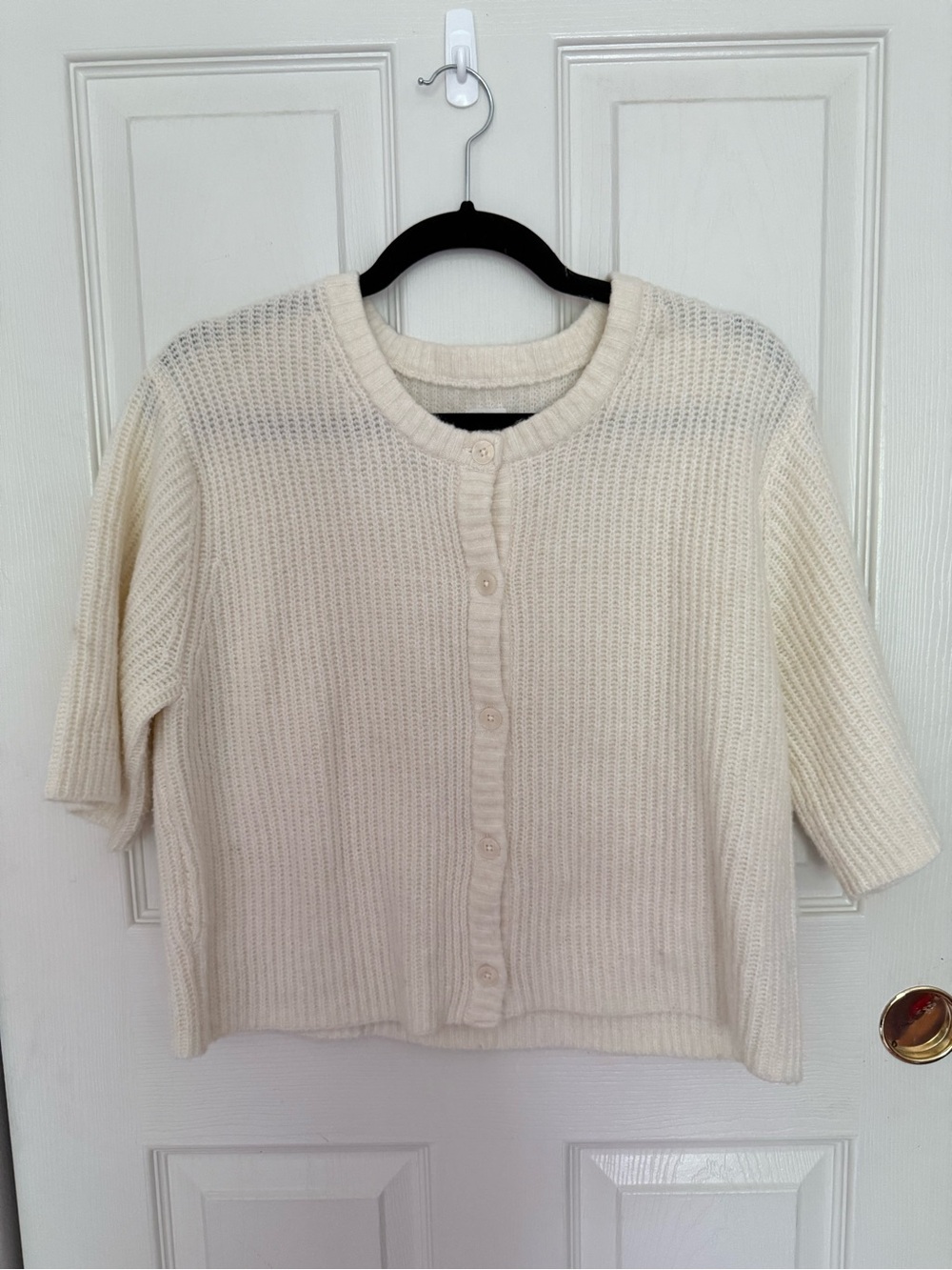 aerie Cream Short Sleeve Button-Front Knit Cardigan